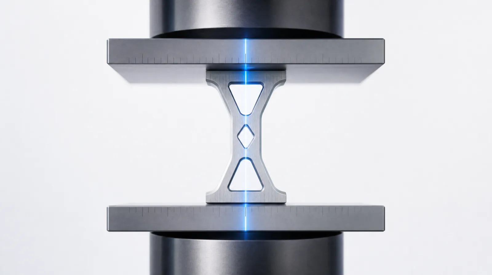 A milled aluminium bracket held under compression between the anvils of a testing press, a taut line of blue light running along its load axis.